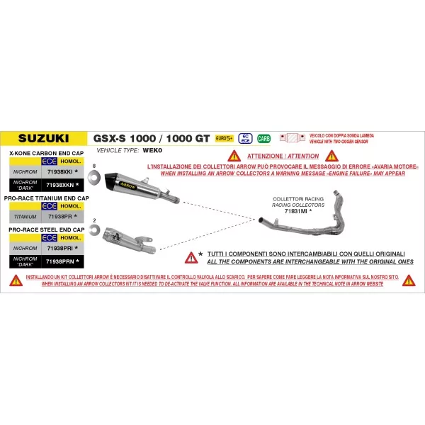 Arrow Exhaust Kit Colectores Racing Inox Suzuki GSX-S 1000 GX