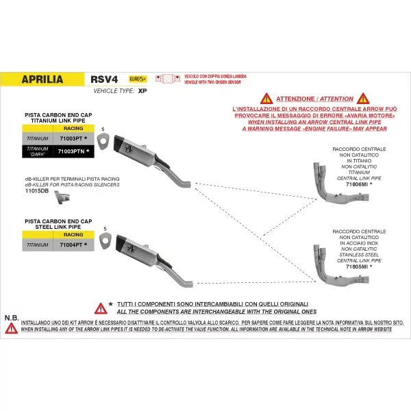 Arrow Exhaust Tube Intermédiaire Inox Aprilia RSV 4