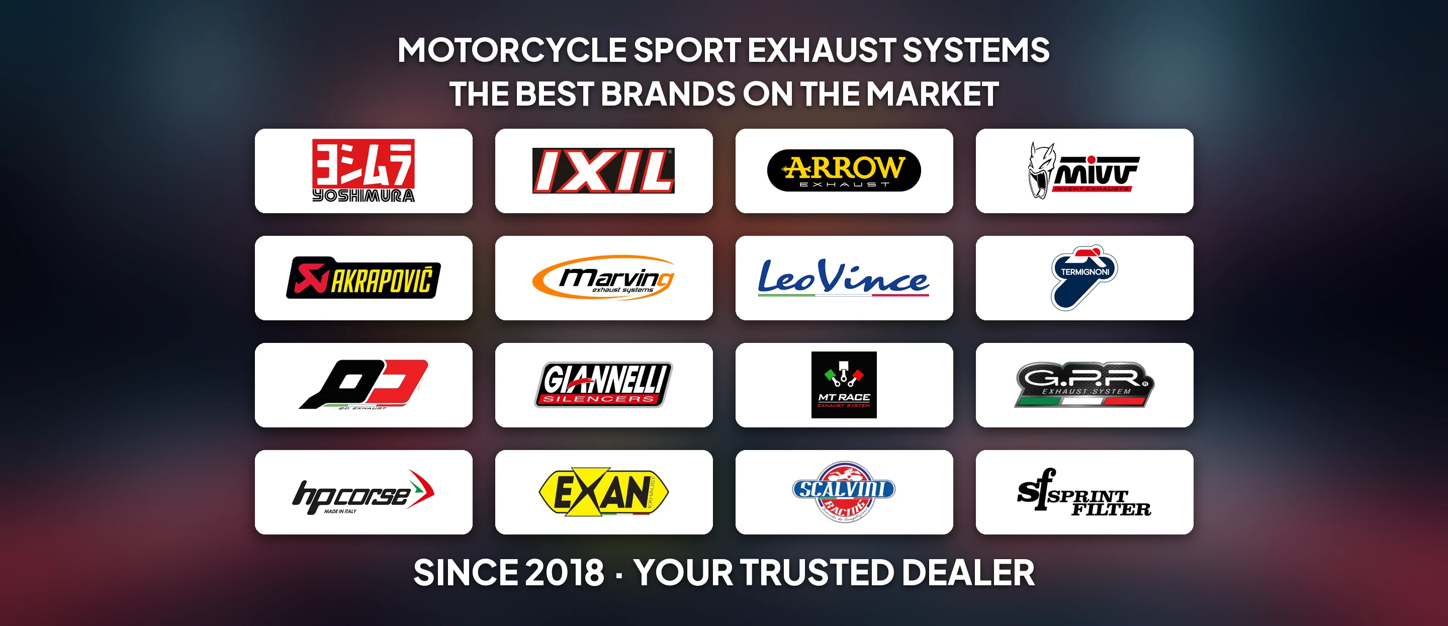 Sport exhausts for motorcycles from the best brands: Yoshimura, IXIL, Arrow, Mivv, Akrapovič, Marving, LeoVince, Termignoni, QD, Giannelli, MT Race, GPR, HP Corse, Exan, Scalvini and Sprint Filter. Moto-Sound, your trusted dealer since 2018.